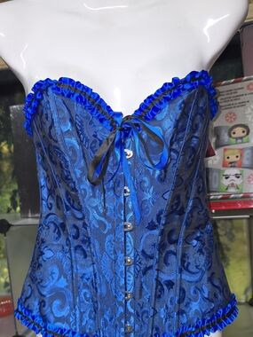 #49 Strapless Blue Brocade Corset Bodysuit with Ruffle Trim